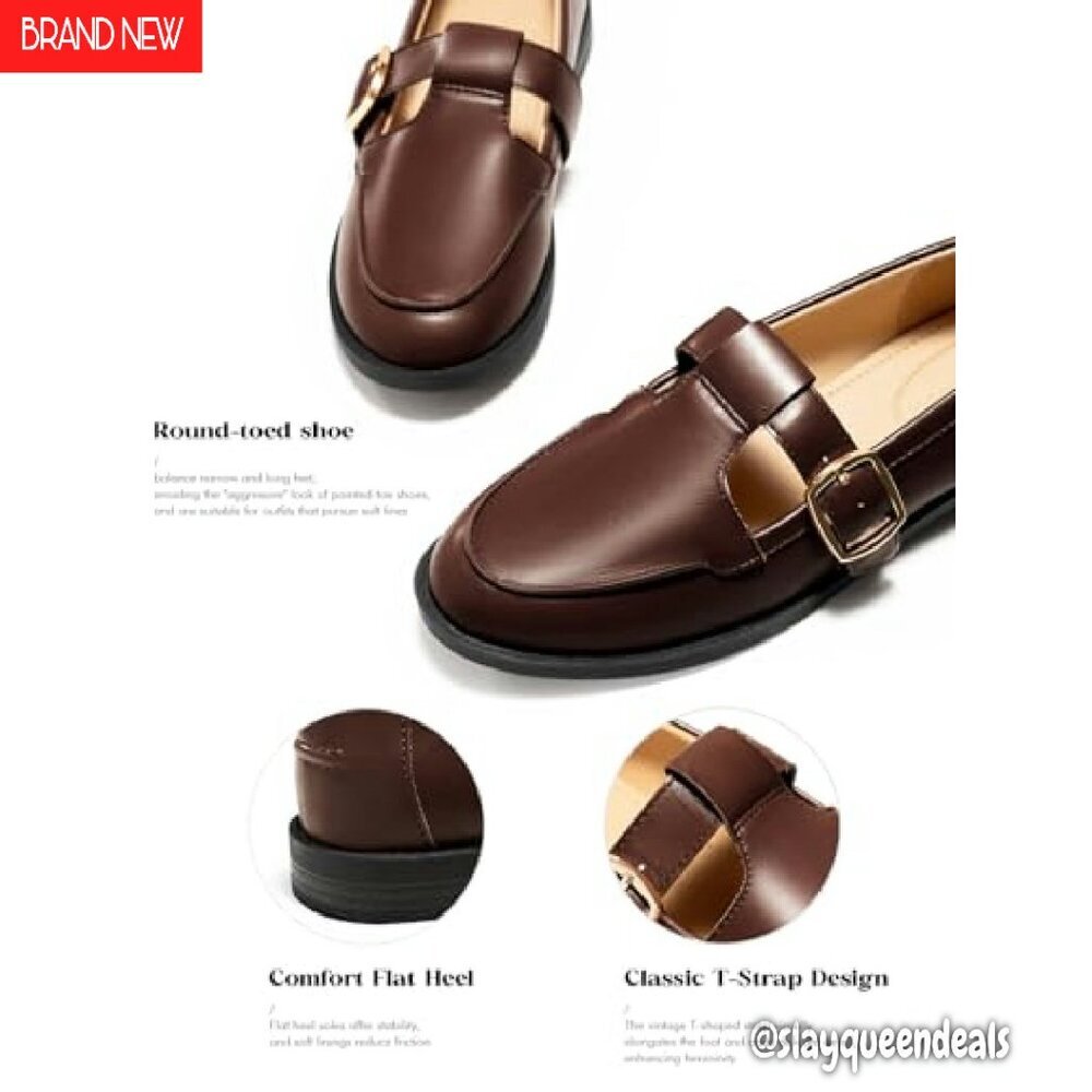 Women's T-Strap Loafers Slip-On Flats Work Business Dress Shoes - Picture 6 of 8